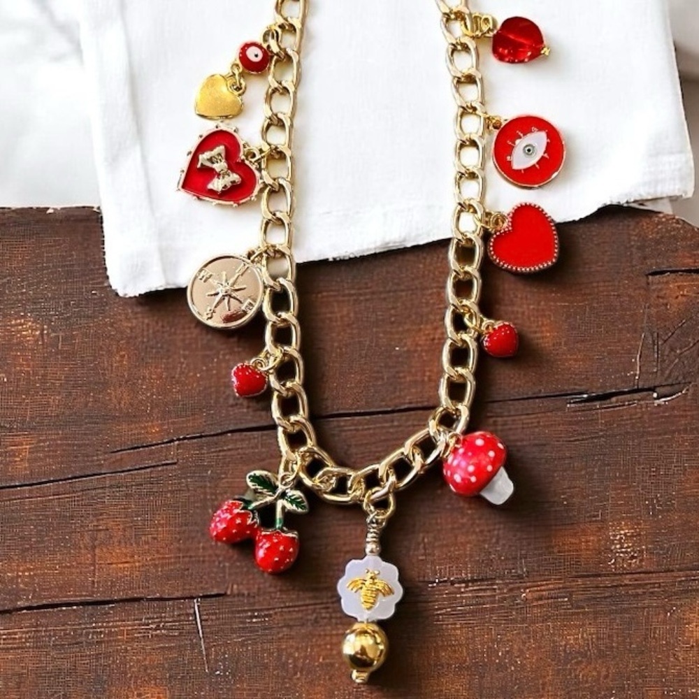 Gold Toned and Red Charm Necklace Enamel Glass Ceramic Crystal 20” - Picture 5 of 17